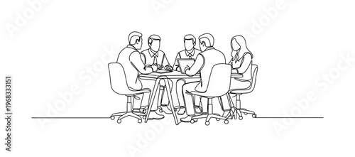 Office Meeting. Minimalistic one-line drawing colleagues sitting in office having discussion, continuous single black line on white background, simple outline