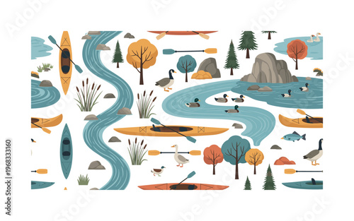 lake exploration patterns seamless pattern, repeating pattern, surface design, textile print, modern illustration of kayaks, canoes, paddles, rivers, lakes,