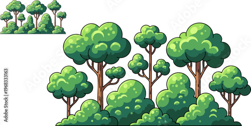 Cartoon forest trees and green bushes vector, lush summer foliage landscape elements, vibrant garden shrubbery and woodland vegetation for game design