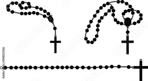 Set of holy rosary silhouettes featuring prayer beads with catholic crucifix crosses for religious devotion, spiritual meditation, and Christian faith-based design elements.