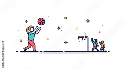 Throwing a ball indoor gym concept where children or players toss a ball across the court while tiny sparkle and star icons highlight fun, activity, and