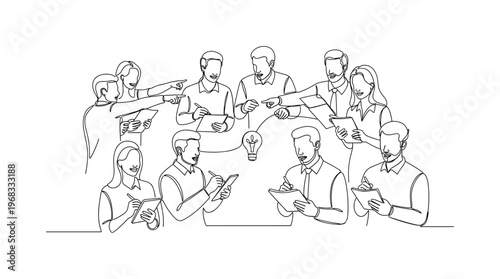 Project Brainstorm. Minimalistic one-line drawing people pointing and taking notes while talking, continuous single black line on white background, simple