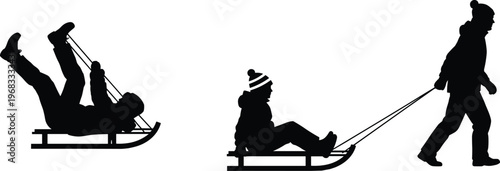 Set of winter sledding silhouettes featuring a father pulling a child on a wooden sled and kids playing in the snow for holiday season design.
