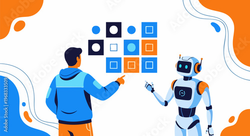 Artificial intelligence concept with human and robot interacting, flat vector illustration of machine learning and data processing, futuristic technology