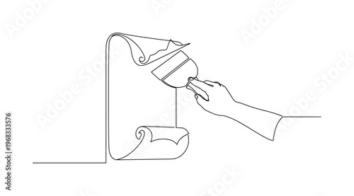 Removing Wallpaper Process. Minimalistic one-line drawing hand scraping wallpaper from wall with folded strips, continuous single black line on white