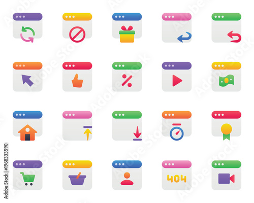 Gradient color icons set for Webpages, websites, browser, window