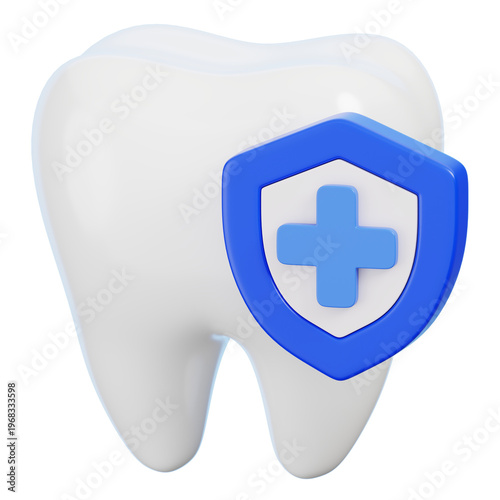 3D dental insurance icon. Tooth with protection shield isolated.