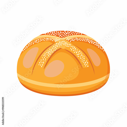 Freshly baked bread roll with cross decoration and sesame seeds, vector illustration