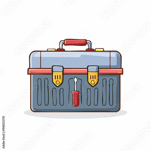 Cartoon illustration of a toolbox with a red screwdriver.