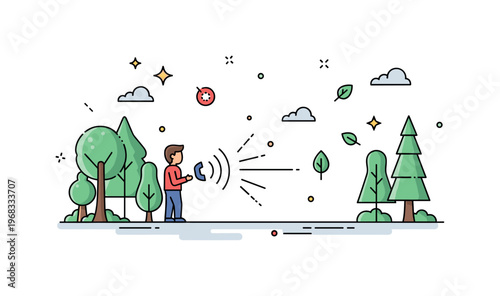 Echo forest scene where a person?s call reflects off trees while small sparkle and leaf icons emphasize nature, distance, and spatial sound. The composition