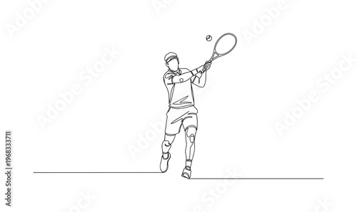 Tennis Forehand. Minimalistic one-line drawing player performing forehand swing, continuous single black line on white background, simple outline style, no