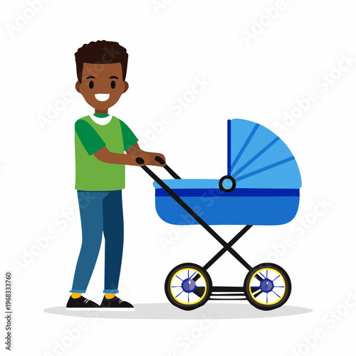 Cartoon father pushing a stroller smiling happily on a sunny day
