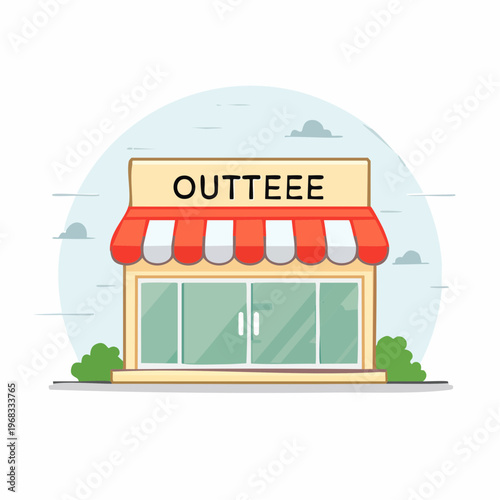Cartoon shop front with a red and white striped awning and glass doors, business illustration