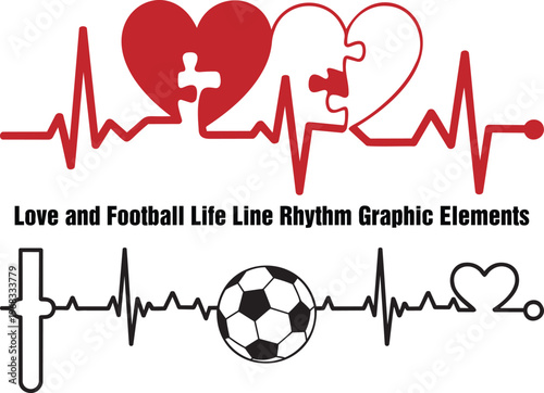 Red puzzle piece hearts and a soccer ball are intertwined with rhythmic heartbeat lines and medical symbols