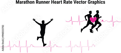 Silhouettes of marathon runners are depicted with vibrant pink heartbeat lines and a celebratory pose