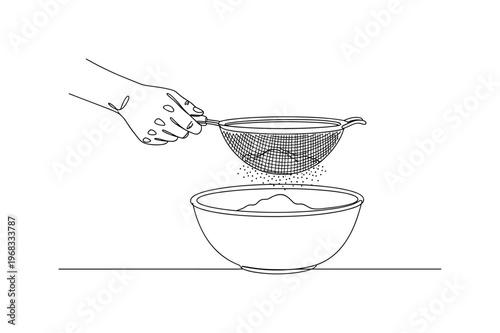 Baking Prep Work. Minimalistic one-line drawing flour being sifted into bowl with sieve held in hand, continuous single black line on white background, simple