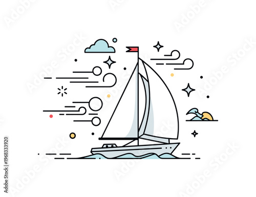 Sailing boat windy sea concept where sails are full of wind while small sparkle and star icons emphasize adventure, freedom, and motion. The composition