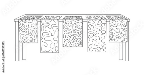 Tabletop Textile Display. Minimalistic one-line drawing patterned fabrics arranged on table or shelf, continuous single black line on white background, simple