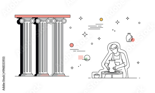Slim columns decorative architectural detail concept where slim columns are part of a building facade while tiny sparkle and star icons highlight design