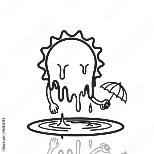 A whimsical illustration of a sun character standing in a puddle with an umbrella silhouette