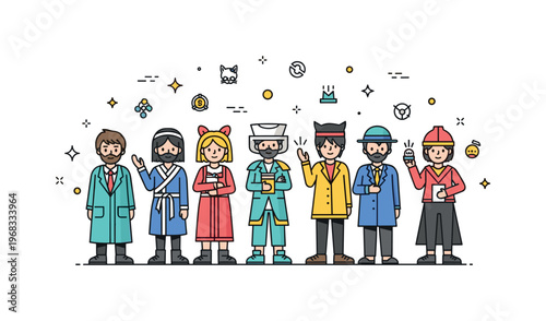 Group cosplay character mashup scene where multiple cosplayers wear cross-genre costumes while tiny sparkle and line icons emphasize uniqueness, creative play,