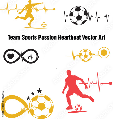 Diverse sports heartbeat visuals with soccer players, balls, hearts, and infinity symbols