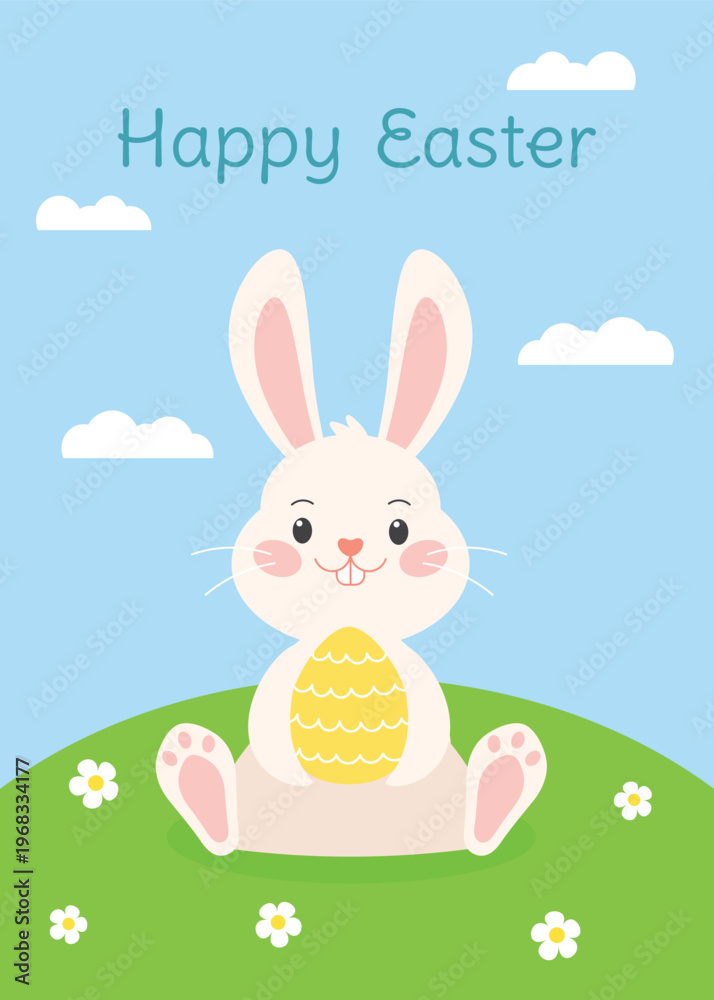 Fototapeta premium Easter greeting card template with cute easter bunny. Rabbit sits on the grass and holds easter egg. Vector illustration