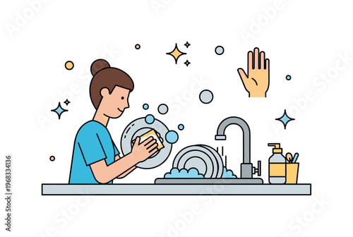 Washing dishes kitchen scene where a person scrubs plates in a sink while small sparkle and bubble icons emphasize cleanliness, care, and routine.