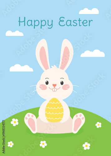 Easter greeting card template with cute easter bunny. Rabbit sits on the grass and holds easter egg. Vector illustration