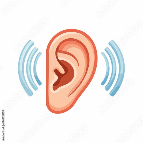 Cartoon ear with sound waves, vector illustration of hearing concept.