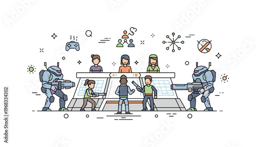 Game characters futuristic arena scene where mech suits and avatars prepare for battle while small sparkle and line icons emphasize action, strategy, and