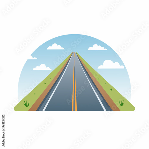 Straight asphalt road leading into the distance with grassy embankments and blue sky clouds