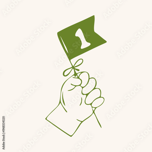 Cute baby hand holding a small flag with number one, green outline doodle flat retro style. Whimsical minimalist hand drawn vector illustration for first birthday, anniversary. Isolated on beige