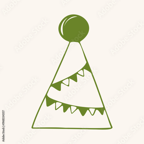 Cute  party hat with pompom and bunting flags, green outline doodle flat retro style. Whimsical minimalist hand drawn vector illustration for baby birthday or festive celebration on beige background.