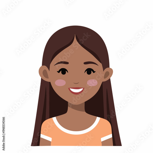 Smiling woman portrait illustration with long brown hair, orange top, and rosy cheeks.
