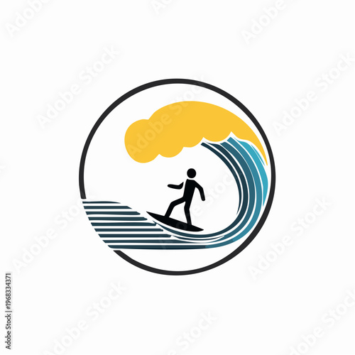 Surfer Riding Wave in Circle Logo Icon