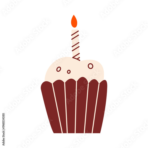 Cute birthday cupcake with cream frosting and a burning candle, colorful flat retro style. Whimsical minimalist  hand drawn vector illustration for baby anniversary or party decor on white