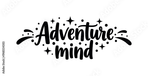 Adventure Mind. lettering and all elements in black. Vector style. AWhite background. Pure white background. Perfect isolation and visual consistency. Bold