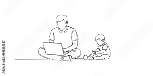 Work from Home Parent. Minimalistic one-line drawing person working on laptop while child plays on floor, continuous single black line on white background,
