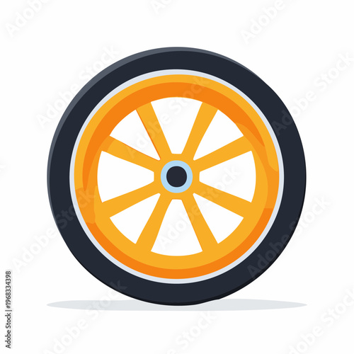 Cartoon-style illustration of a vehicle wheel with orange spokes and a black tire