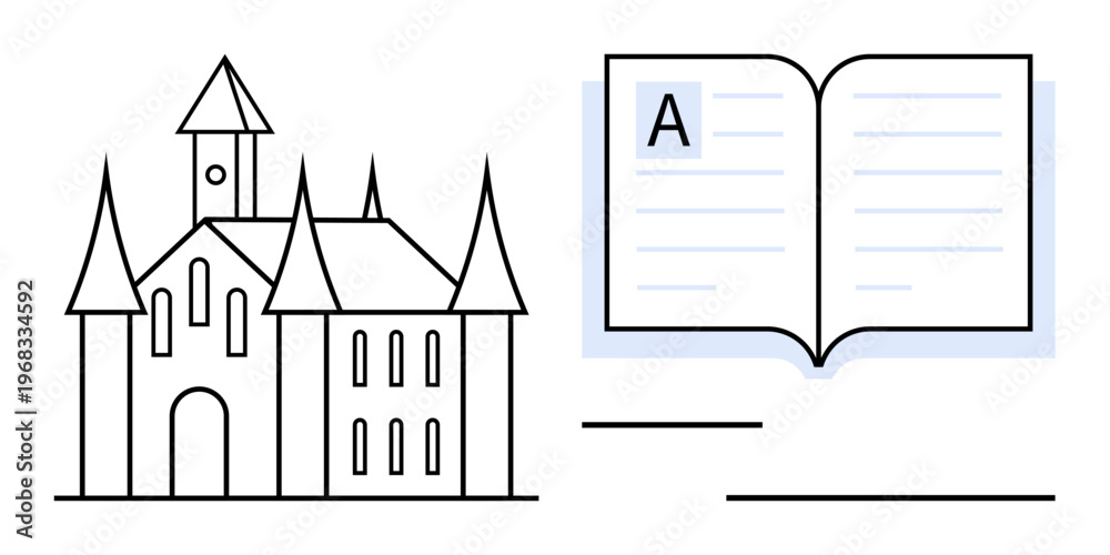 Obraz premium Education, storytelling, architecture, history, knowledge, learning concepts. Illustration shows a medieval castle and an open book. Education and storytelling concept
