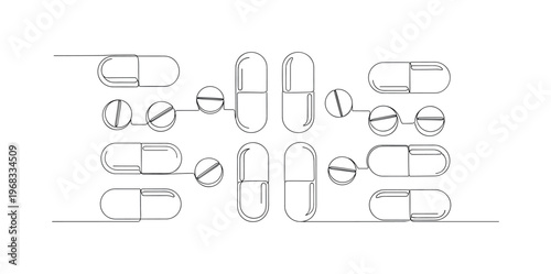 Pharmacy Illustration. Minimalistic one-line drawing pill capsules and small tablets arranged neatly, continuous single black line on white background, simple