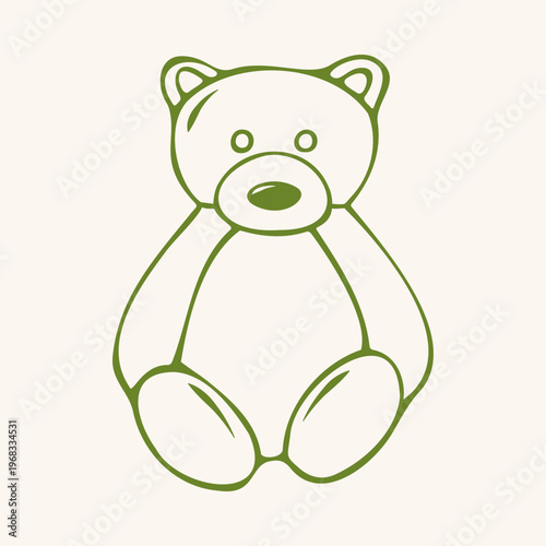 Cute teddy bear character in green outline doodle flat retro style. Whimsical hand drawn minimalist vector illustration of a soft plush toy for baby nursery, kids birthday or greeting card on beige