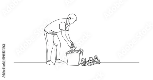 Cleaning Toys. Minimalistic one-line drawing person picking up toys from floor and placing into storage bin, continuous single black line on white background,
