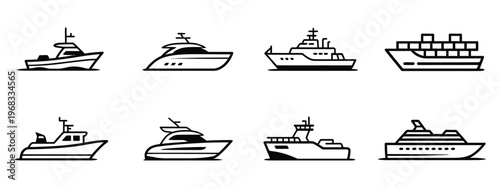 Ship line icon set, including cargo ships, boats, and vessels, simple vector sketches in black and white, hand drawn doodle style for sea travel