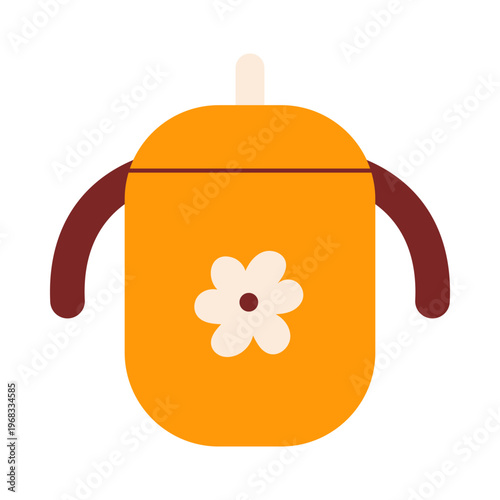 Cute yellow baby sippy cup with a flower pattern, colorful flat retro style. Whimsical hand drawn minimalist vector illustration of infant feeding bottle for nursery or birthday decor on white