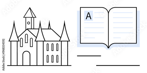 Education, storytelling, architecture, history, knowledge, learning concepts. Illustration shows a medieval castle and an open book. Education and storytelling concept
