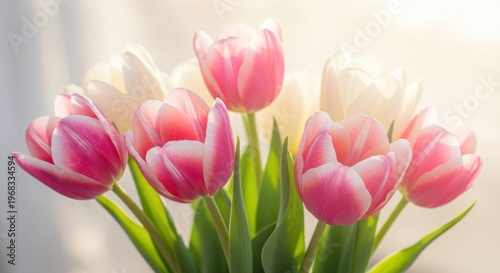 Close up of pink and white tulips in soft sunlight