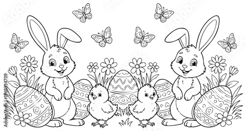 a4 colouring page bunny painting an easter egg. ready to print on standard A4 paper.