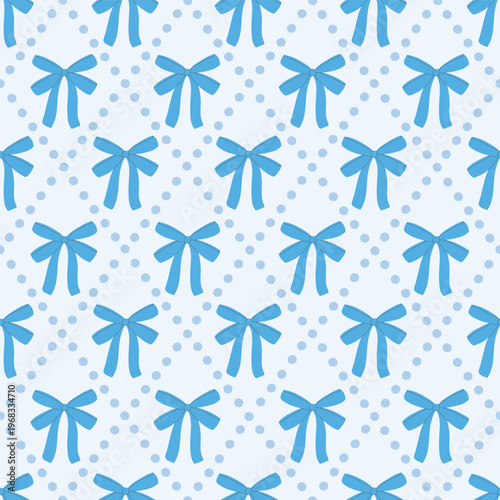 Seamless pattern of hand drawn blue bows on blue background. Template for greeting card, invitation, poster, banner, wrapping paper. Vector illustration